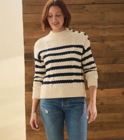 Clearance Button Neck Sweater - French Stripe Women Sweaters