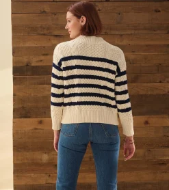 Clearance Button Neck Sweater - French Stripe Women Sweaters