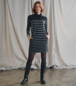 Outlet Draped Collar Dress - Caviar Stripe Women Dresses