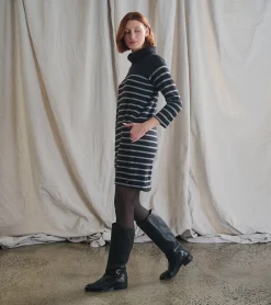 Outlet Draped Collar Dress - Caviar Stripe Women Dresses