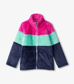 Outlet Girls Colourblock Stripes Fuzzy Fleece Zip-Up Jacket Outerwear|Sweaters