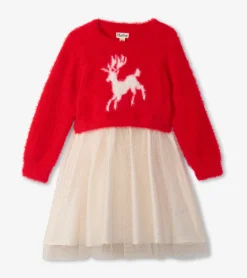 Best Girls Holiday Deer Mix Media Dress Dresses