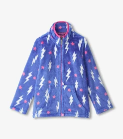 Girls Lightning Bolts Fuzzy Fleece Zip-Up Jacket Outerwear|Sweaters
