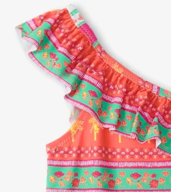 Hot Girls Ornate Tropicals Ruffle Trim Swimsuit Swimwear|Swimwear