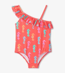 Online Girls Painted Sea Horses Ruffle Trim Swimsuit Swimwear|Swimwear