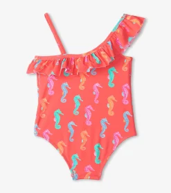 Online Girls Painted Sea Horses Ruffle Trim Swimsuit Swimwear|Swimwear