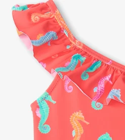 Online Girls Painted Sea Horses Ruffle Trim Swimsuit Swimwear|Swimwear