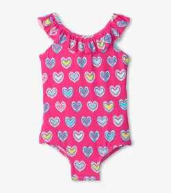 Hot Girls Pink Shibori Hearts Ruffle Sleeve Swimsuit Swimwear|Swimwear