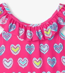 Hot Girls Pink Shibori Hearts Ruffle Sleeve Swimsuit Swimwear|Swimwear