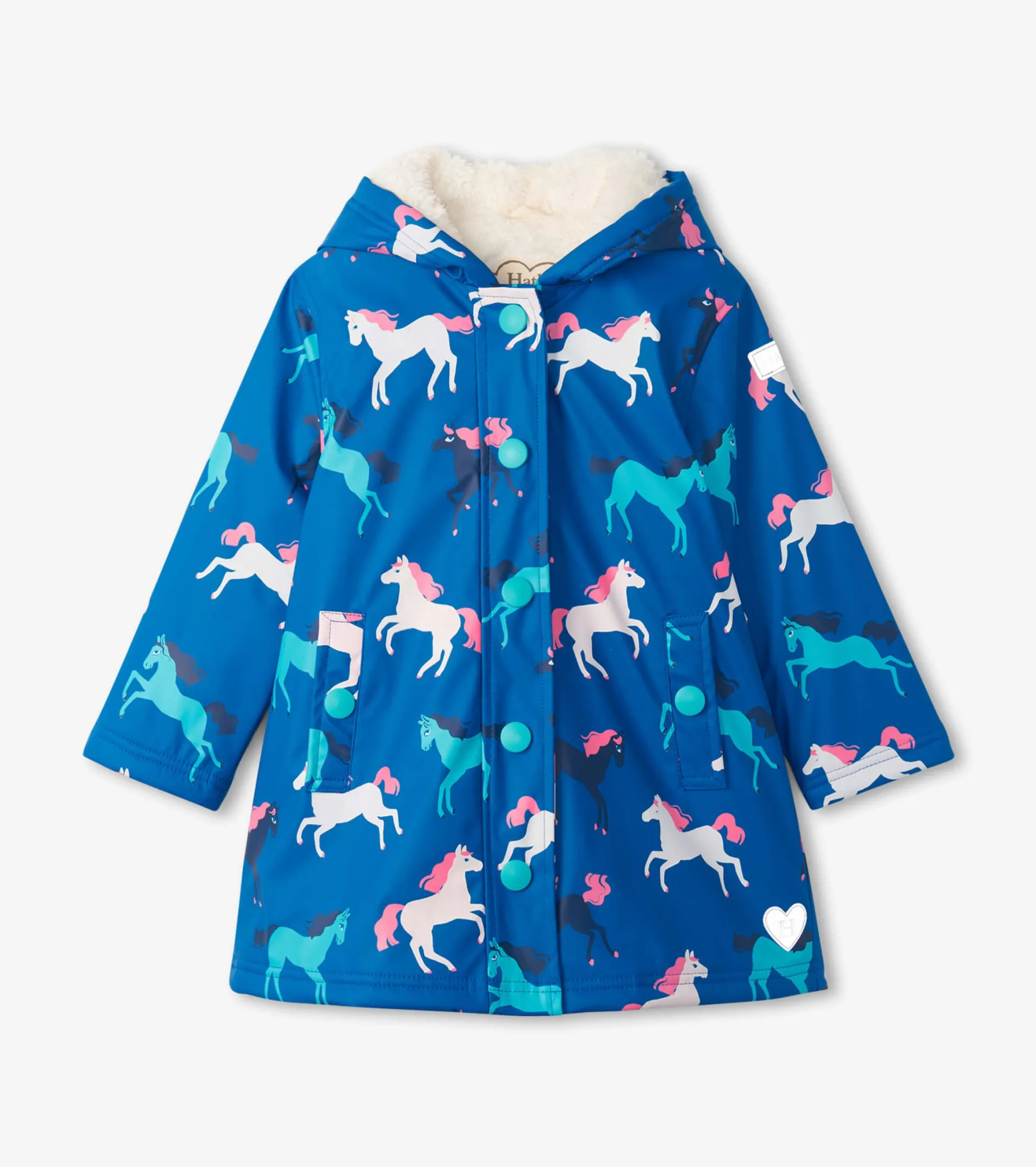 Girls Prancing Horses Colour Changing Sherpa Lined Button-Up Rain Jack Rainwear|Rainwear