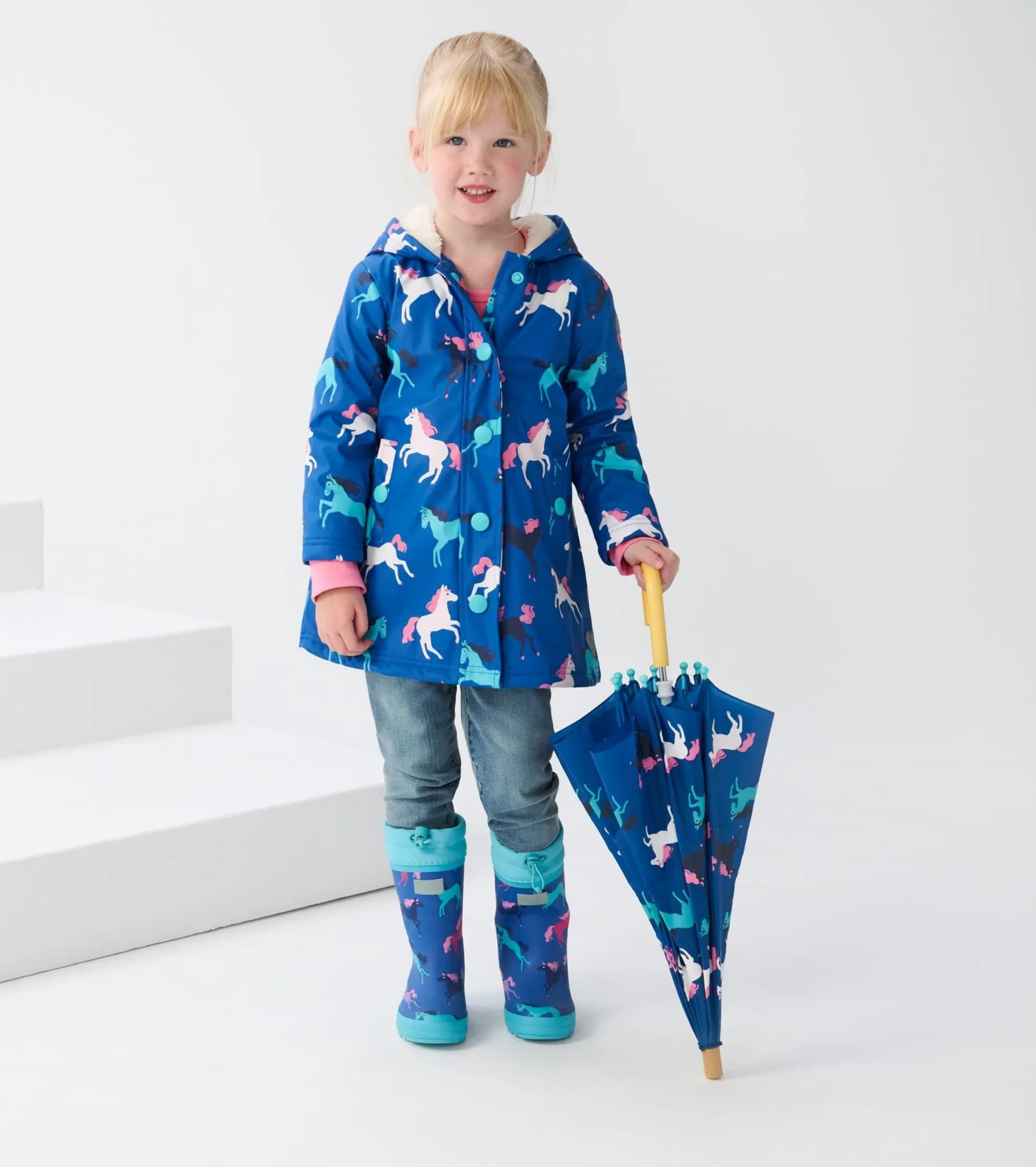 Girls Prancing Horses Colour Changing Sherpa Lined Button-Up Rain Jack Rainwear|Rainwear