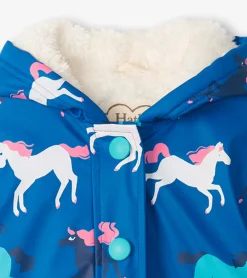 Girls Prancing Horses Colour Changing Sherpa Lined Button-Up Rain Jack Rainwear|Rainwear