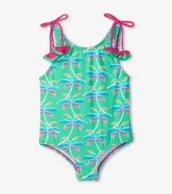 New Girls Rainbow Palm Shoulder Shoulder Bow Swimsuit Swimwear|Swimwear