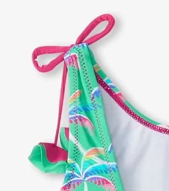 New Girls Rainbow Palm Shoulder Shoulder Bow Swimsuit Swimwear|Swimwear