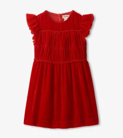New Girls Red Velvet Smocked Panel Dress Dresses
