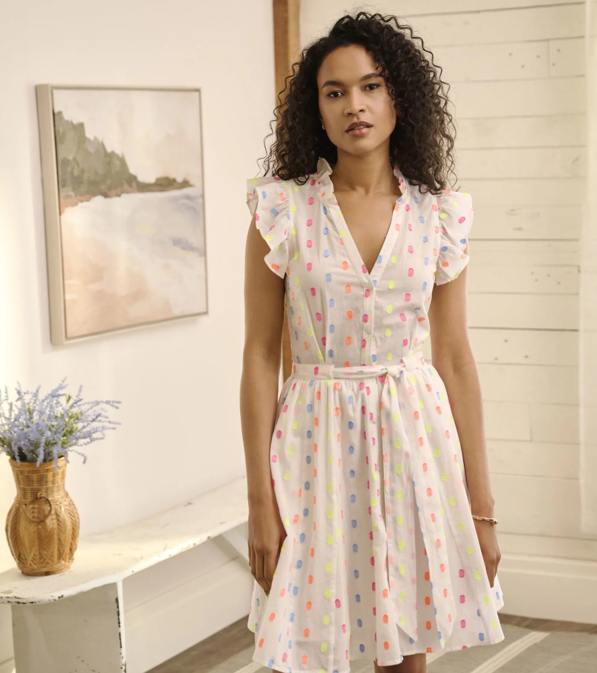 Clearance Godet Belted Dress - Summer Dots Women Dresses