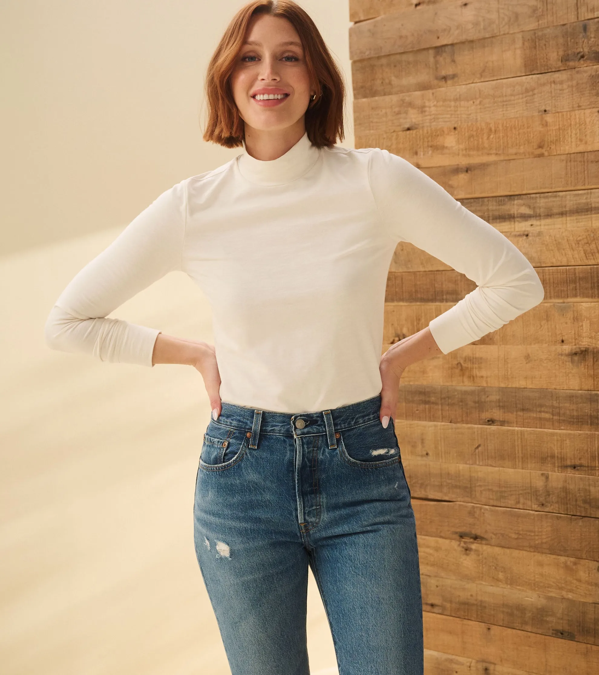 Discount Mock Neck Top - Cream White Women Tops