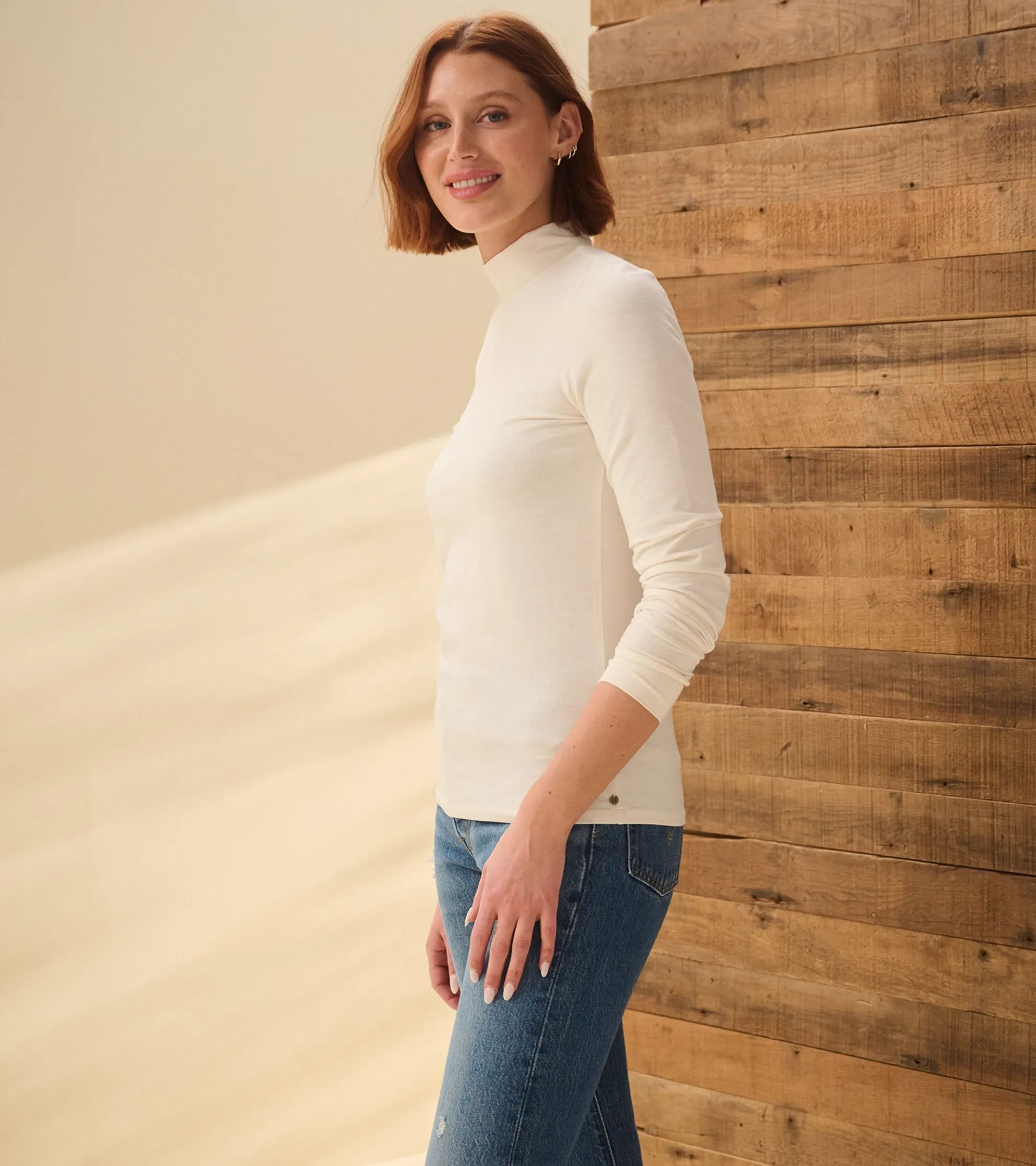 Discount Mock Neck Top - Cream White Women Tops
