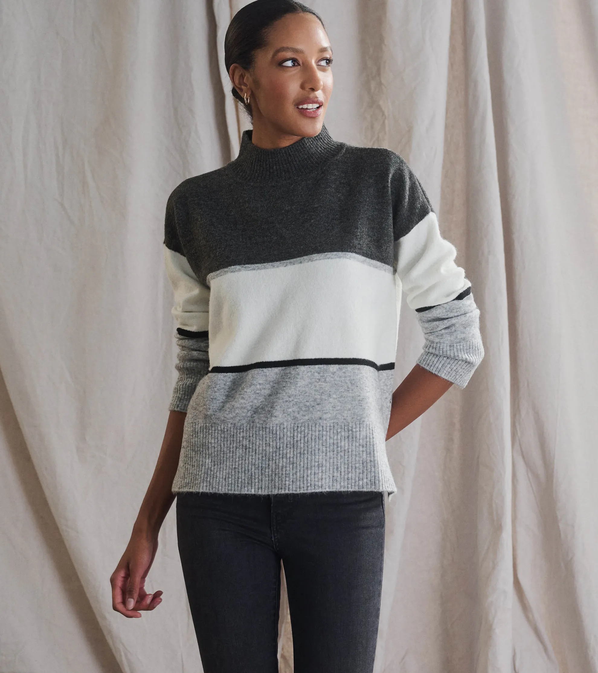 Hot Mock Neck Tunic - Grey Block Women Sweaters|Tops