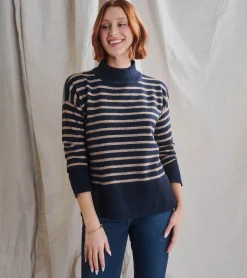 Discount Mock Neck Tunic - Navy Taupe Stripes Women Sweaters|Tops