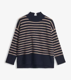 Discount Mock Neck Tunic - Navy Taupe Stripes Women Sweaters|Tops
