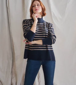 Discount Mock Neck Tunic - Navy Taupe Stripes Women Sweaters|Tops