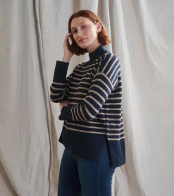 Discount Mock Neck Tunic - Navy Taupe Stripes Women Sweaters|Tops