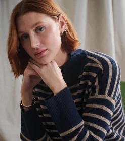 Discount Mock Neck Tunic - Navy Taupe Stripes Women Sweaters|Tops