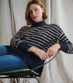Discount Mock Neck Tunic - Navy Taupe Stripes Women Sweaters|Tops