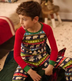 Outlet Navy Painted Fairisle Raglan Kids Organic Cotton Pajama Set BOY Sleepwear|Sleepwear